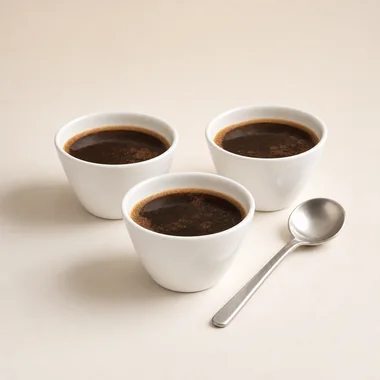 Tiga mangkuk uji berisi seduhan kopi